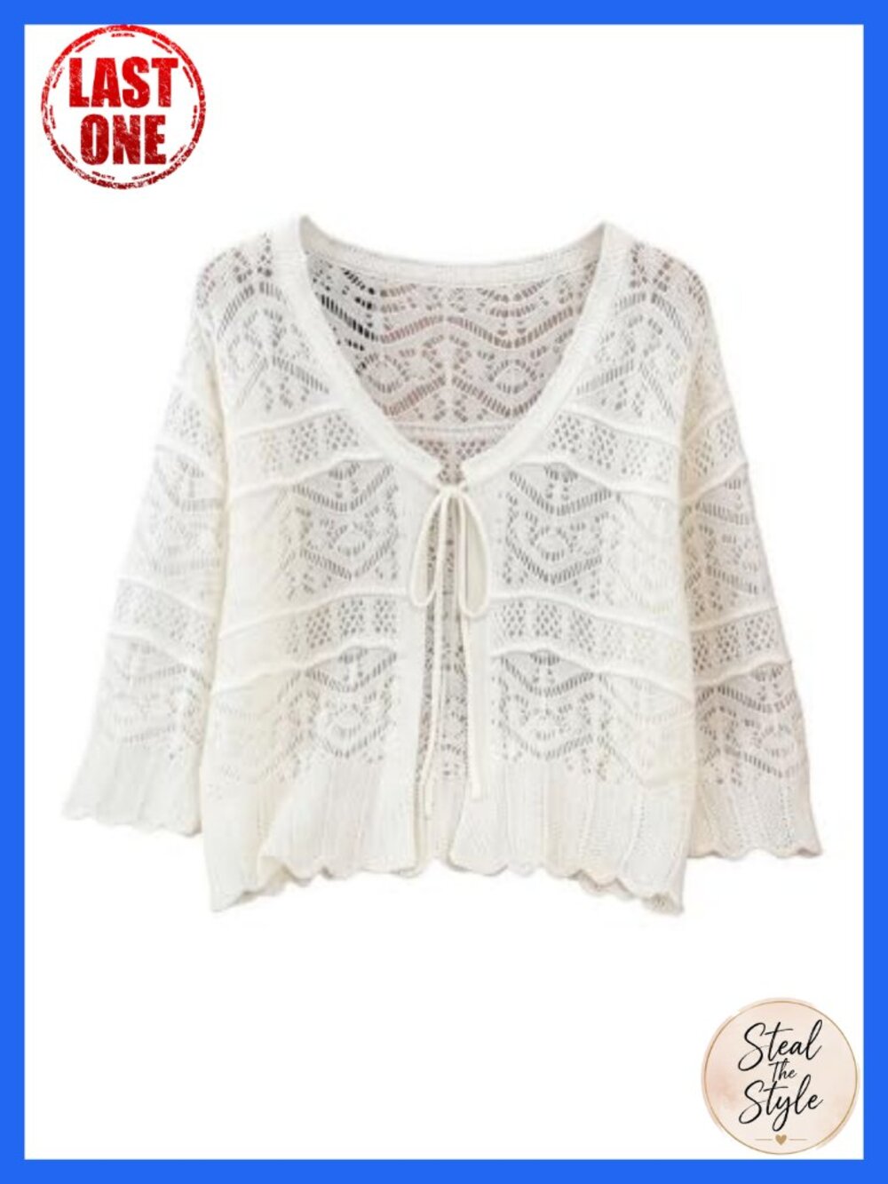 Plus Size Crochet Tie Front Open Front Cardigan 3/4 Sleeve Beach Coverup